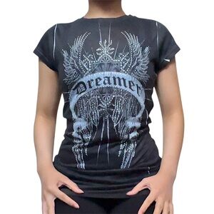 Grey grunge 2000s Y2K vintage tee with rhinestones